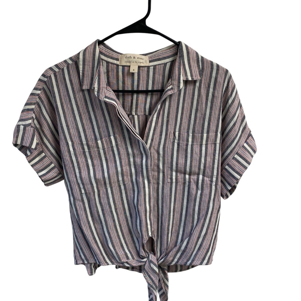 Cloth And Stone Striped Button-Up Tie-Front Top Rayon Linen Blend